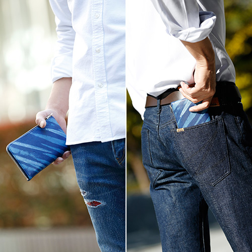 【池之端銀革店】Cramp×SUKUMO Leather 藍染めL字ファスナーロングウォレット