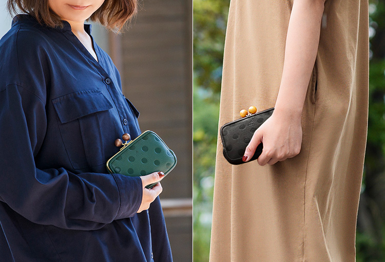 【Folna】木玉付がま口ドット素押し小銭入れ